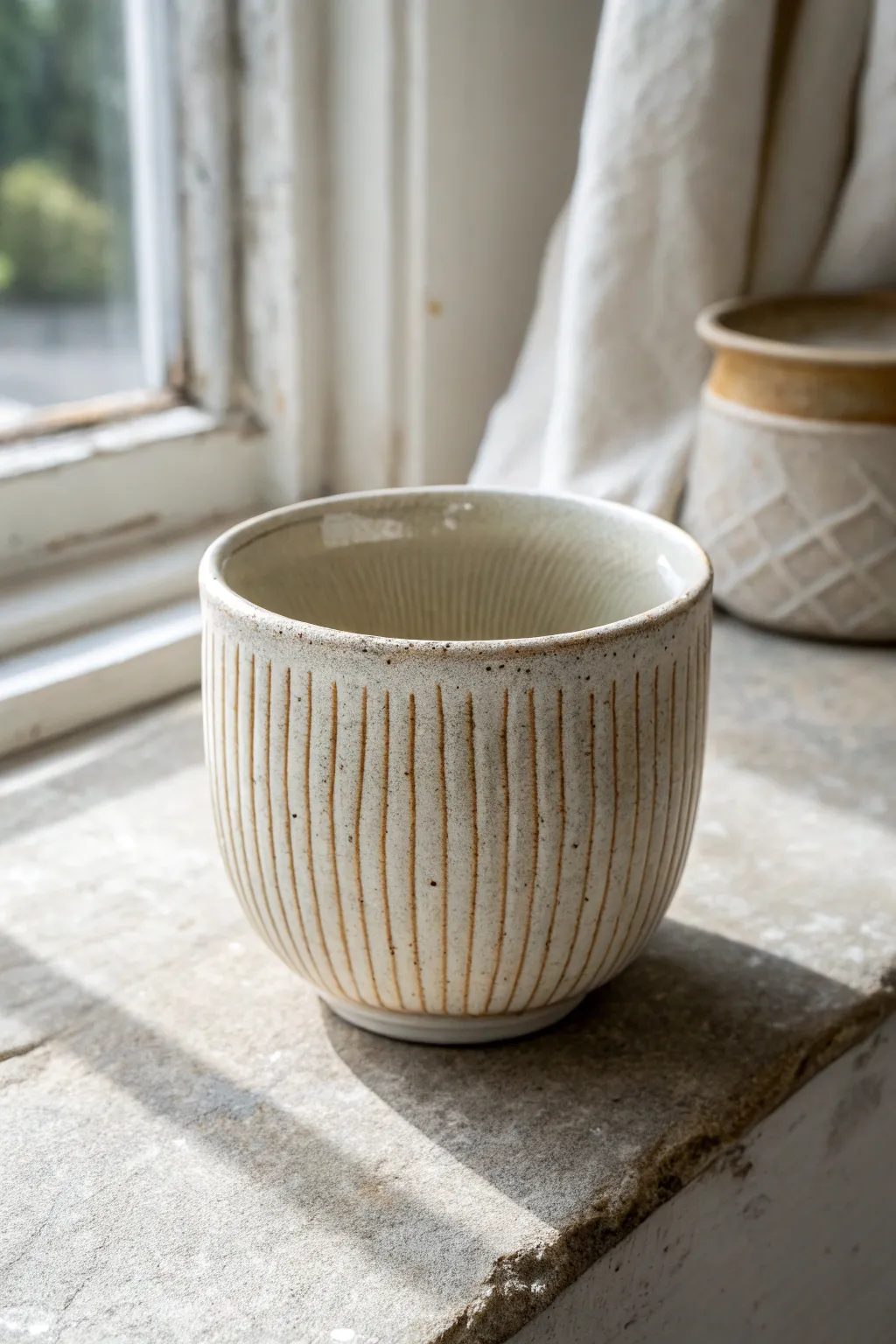 Ribbed, wheel-thrown tea cup in translucent glaze, celebrating simple handmade beauty.