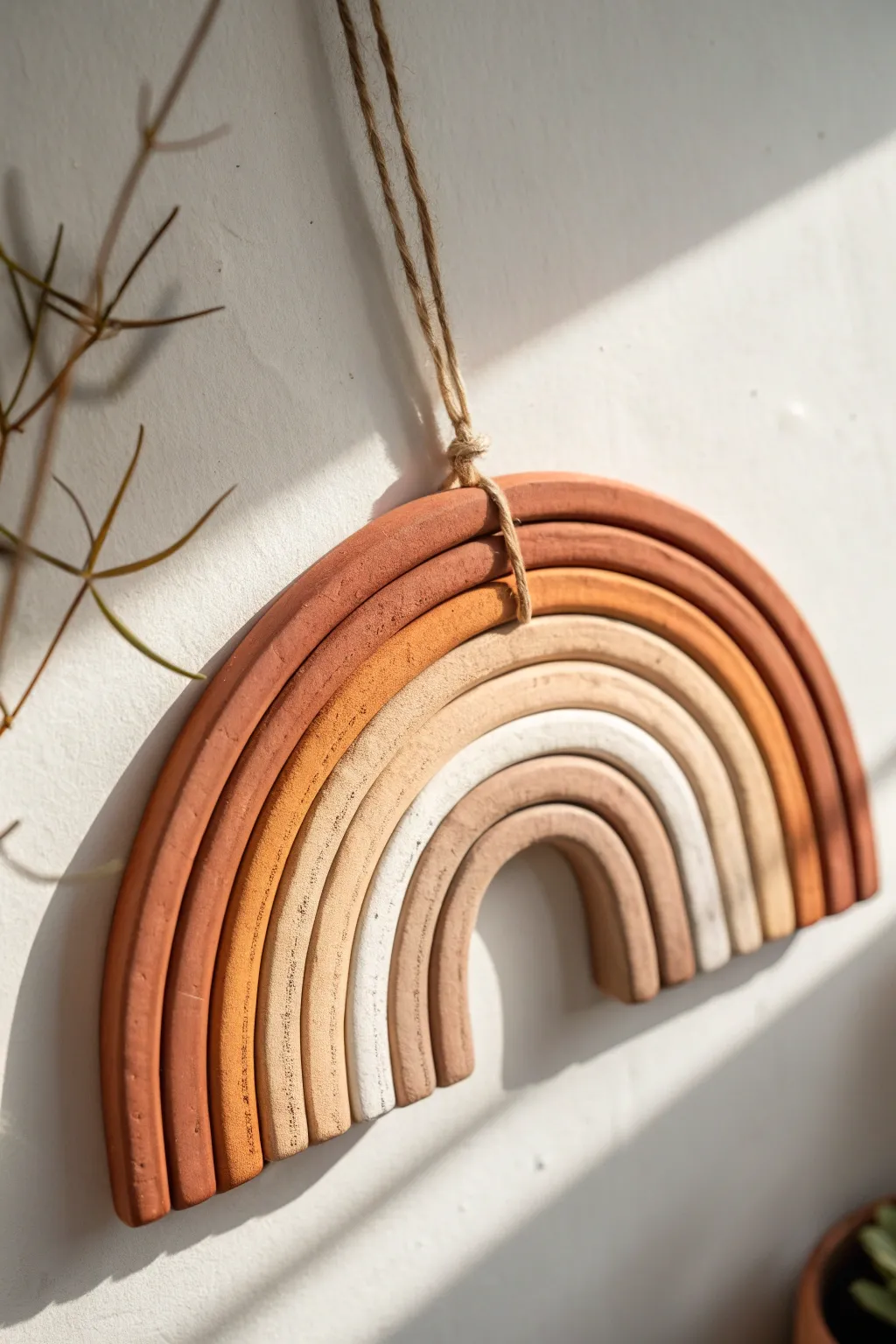 Minimal terracotta rainbow wall hanging in warm earthy tones, crafted for a calm boho space