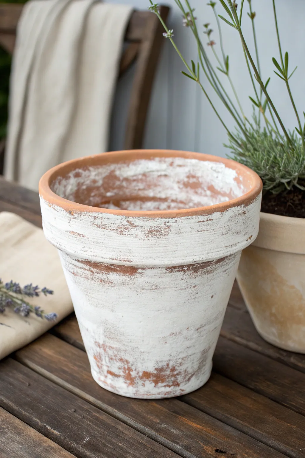Vintage distressed wash terracotta pot: soft chalky white, warm clay peeking through, garden calm.
