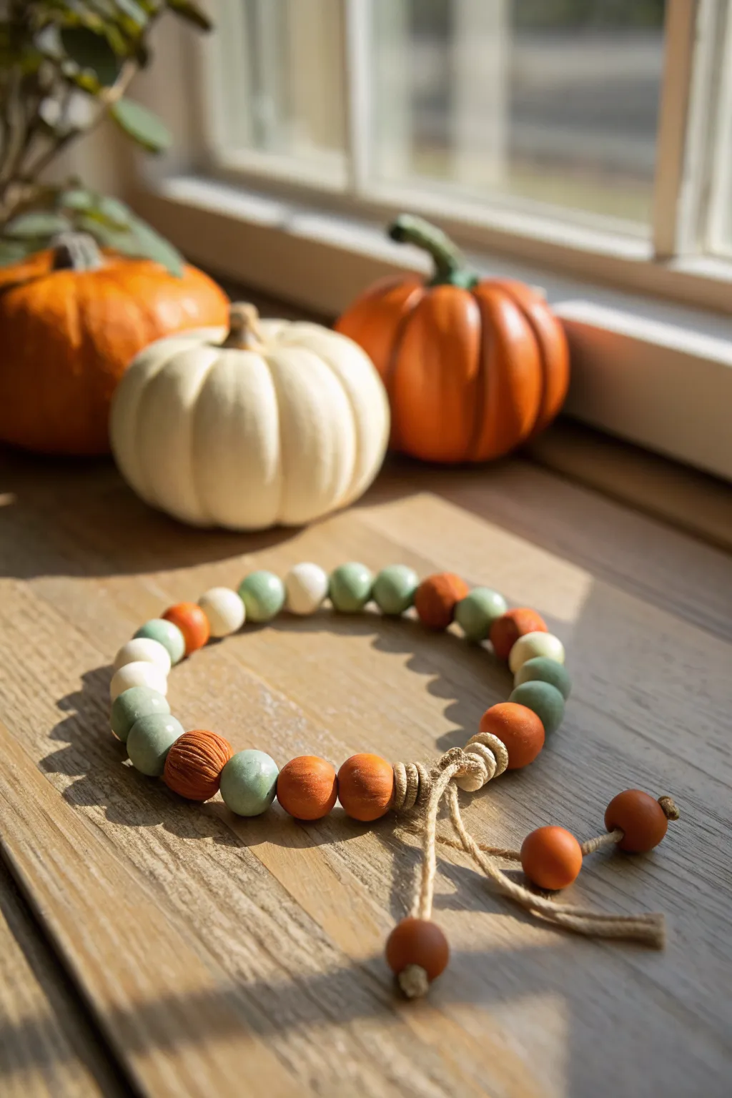 Minimal clay bead bracelet in fall tones with a tiny pumpkin charm for Thanksgiving style