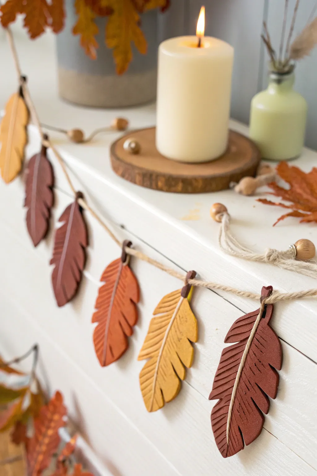 Minimal clay turkey feather garland in rust and mustard, a cozy Thanksgiving mantel accent