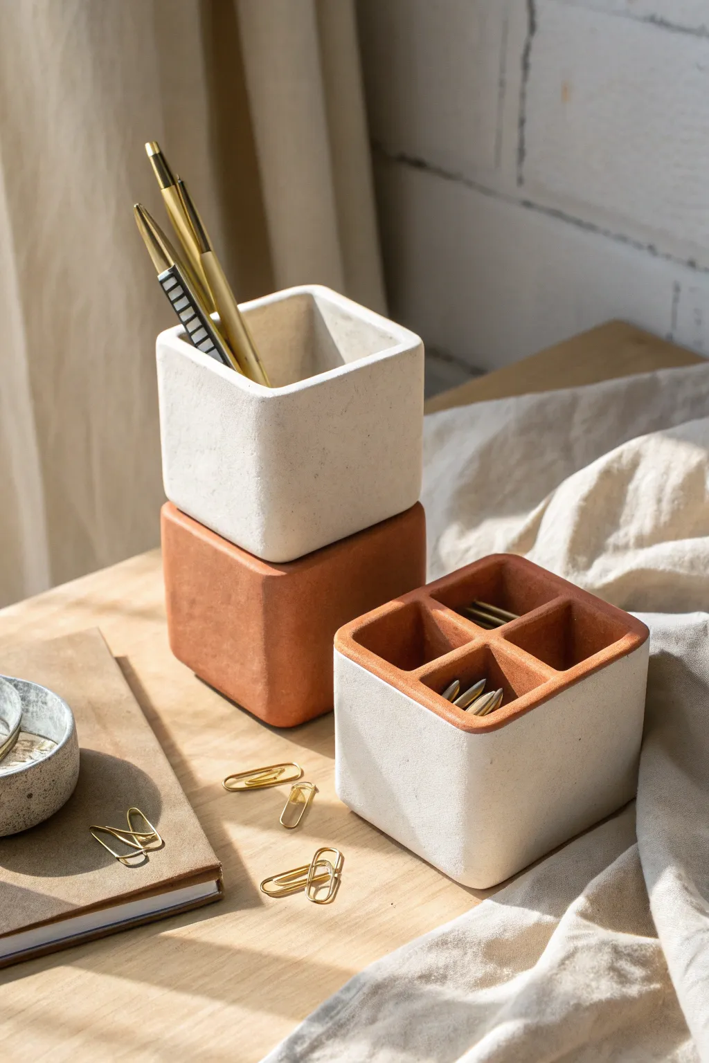 Minimal clay organizer cubes in warm neutrals, stacked for a tidy desk with a boho touch