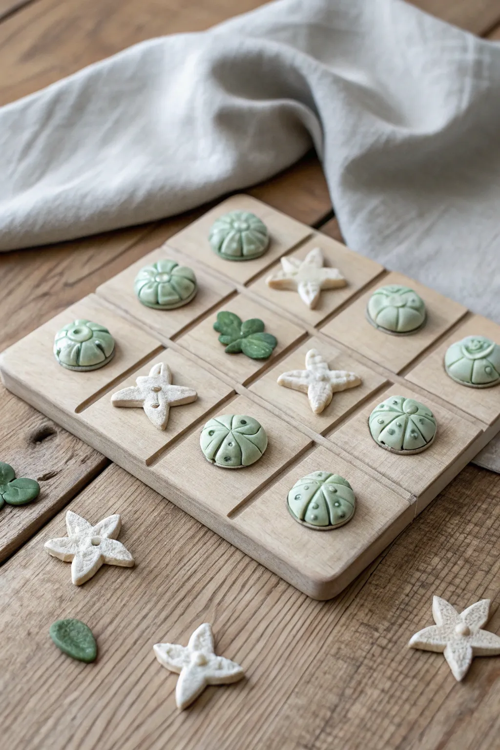 Playful frog vs fly clay tic tac toe set in soft neutrals, minimalist and craft focused