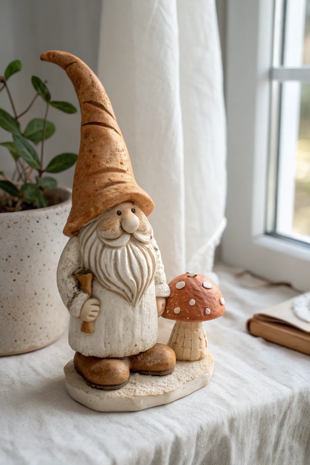 Tiny clay gnome with an oversized slouchy hat, ready to guard a miniature mushroom.