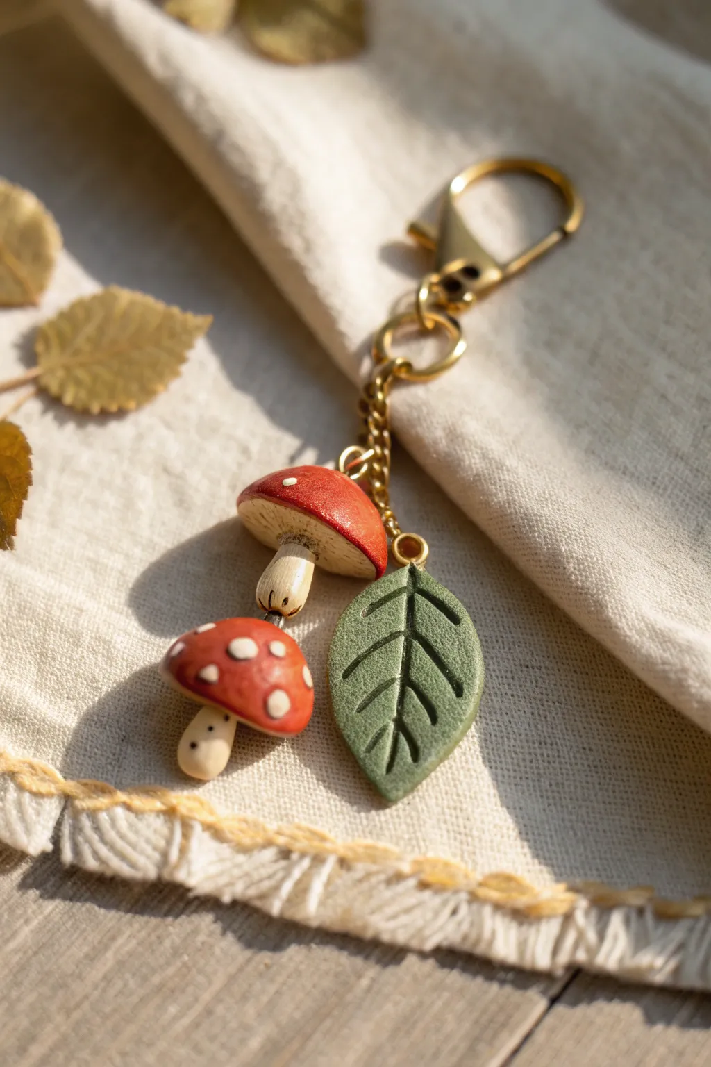 Mini mushroom and leaf polymer clay charm dangles in earthy tones, simple and sweet.