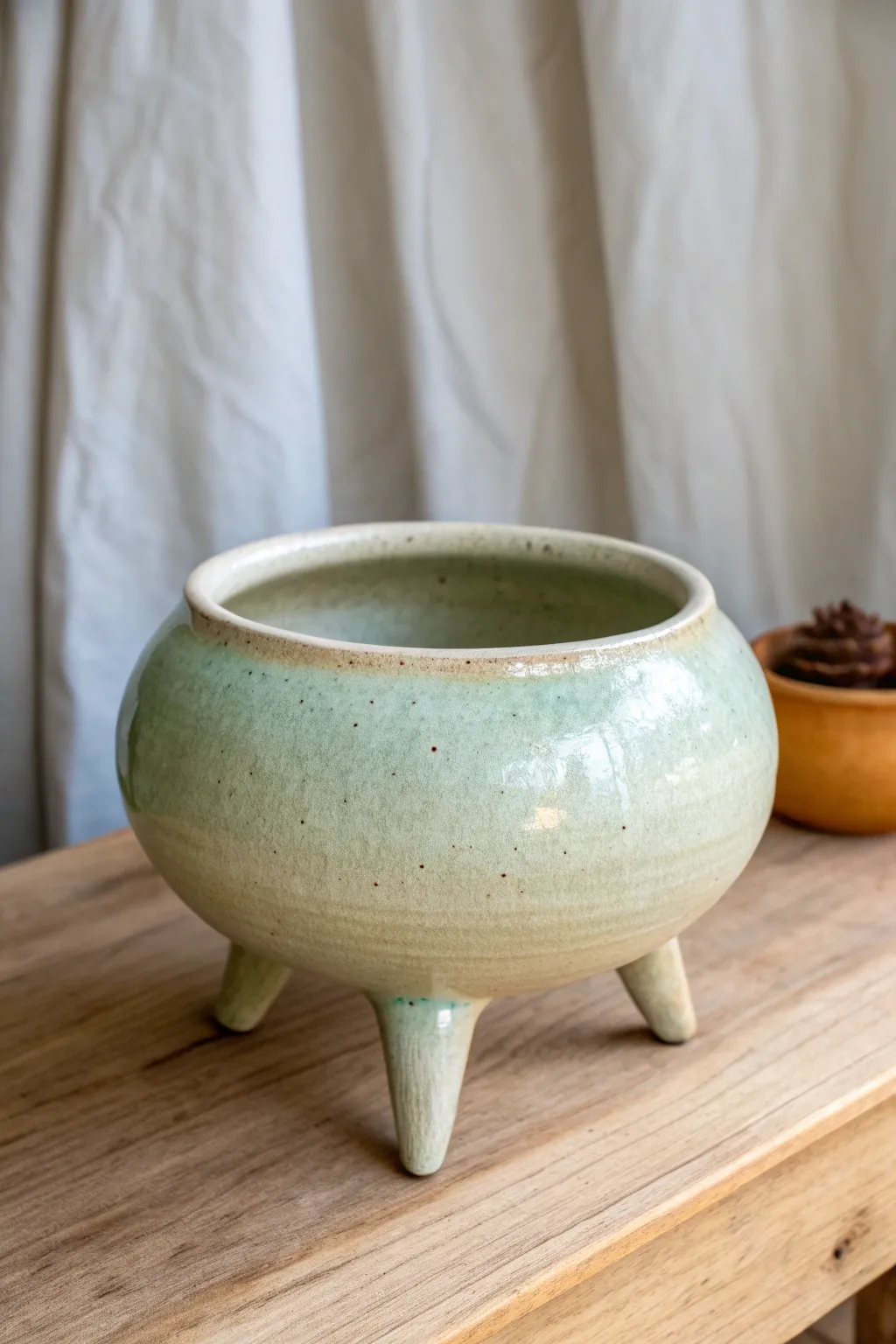 Lobed tripod vessel with glossy pooled glaze where the rounded body flows into three legs.