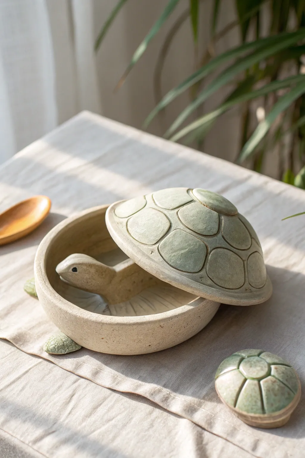 Minimal turtle trinket dish with shell lid, photographed slightly open to show hidden storage.
