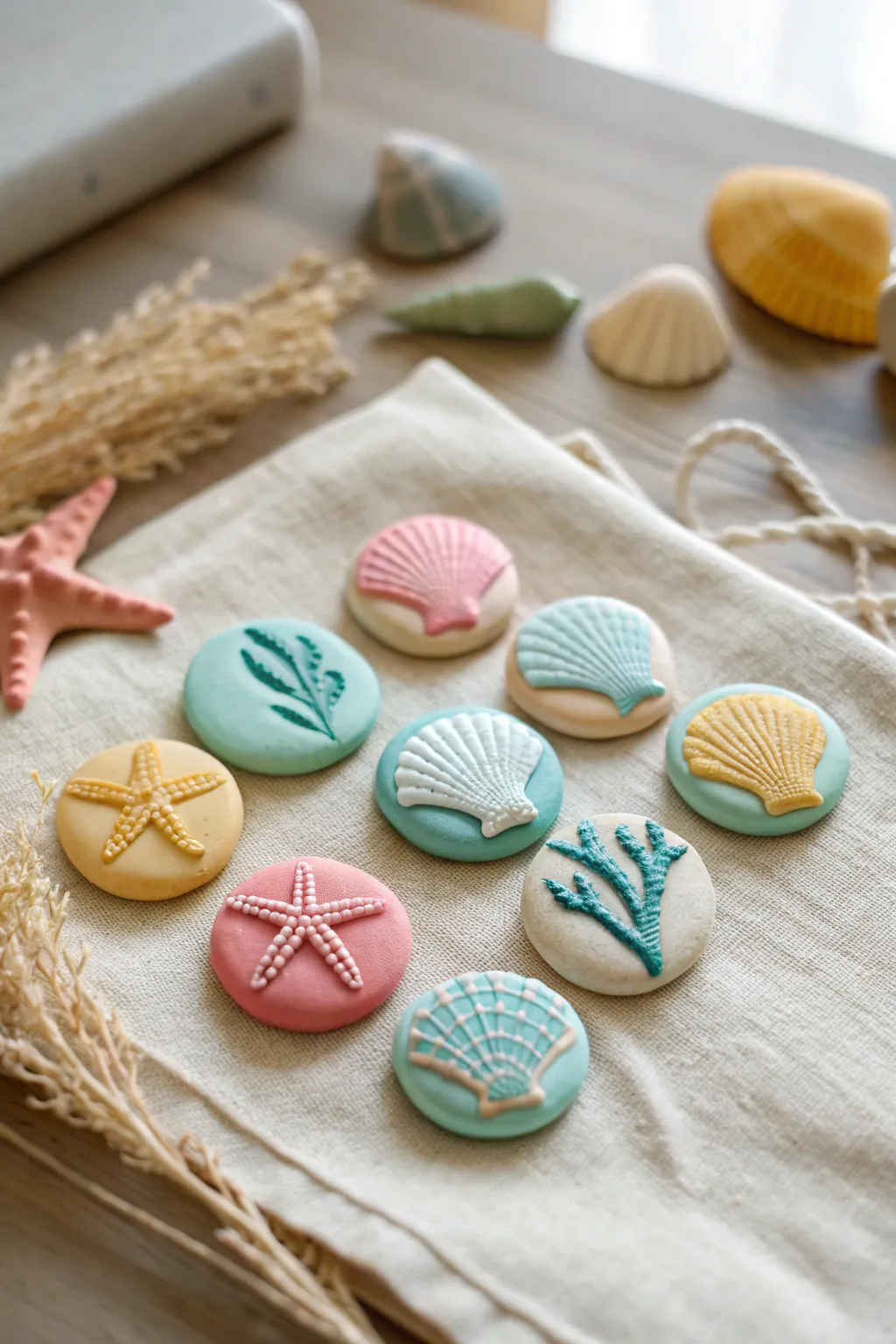 Mini ocean magnets in bright clay tones on linen for an easy under-the-sea decor set.