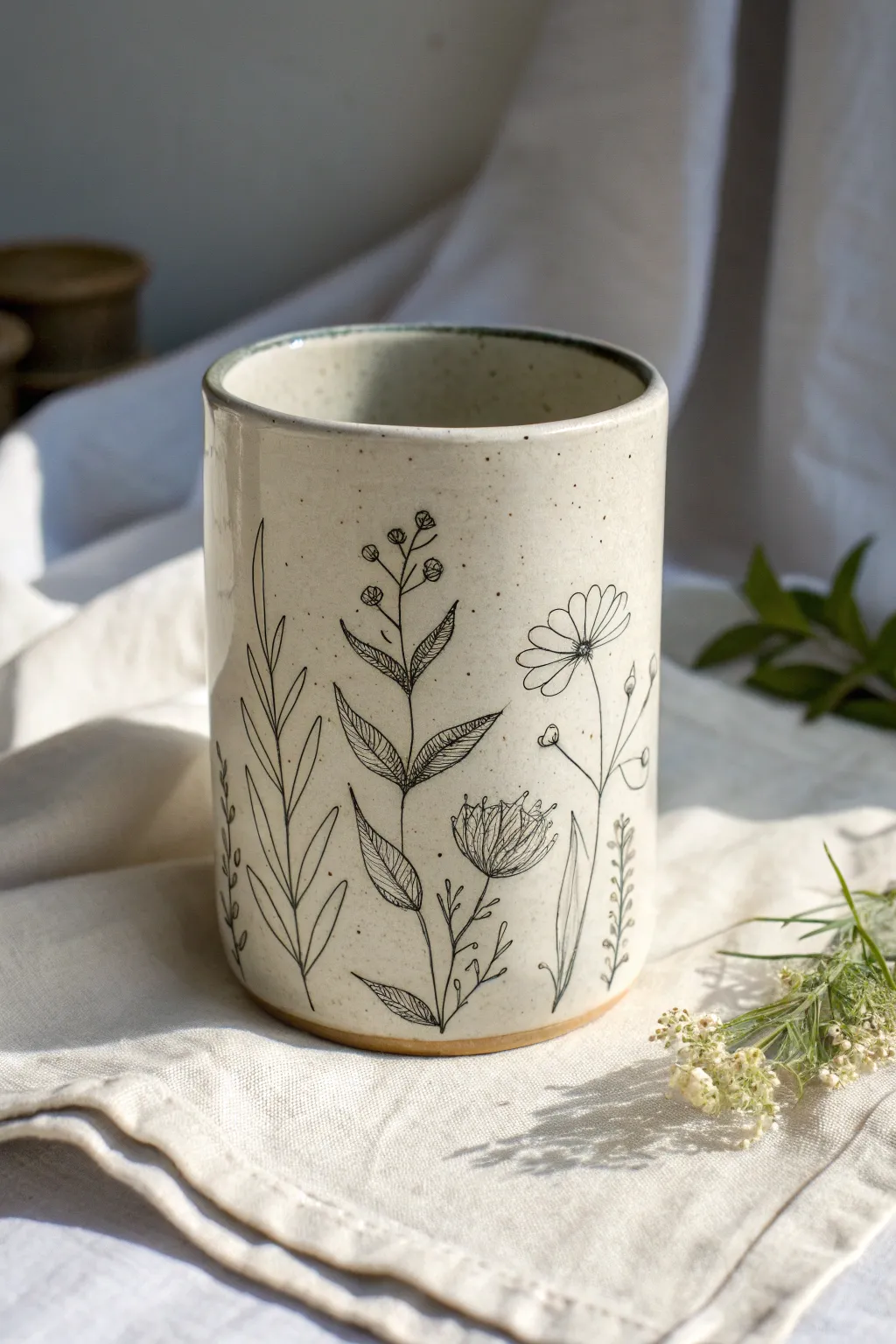 Sketchbook-style underglaze pencil mug, sealed in clear glaze for soft, fired artistry.
