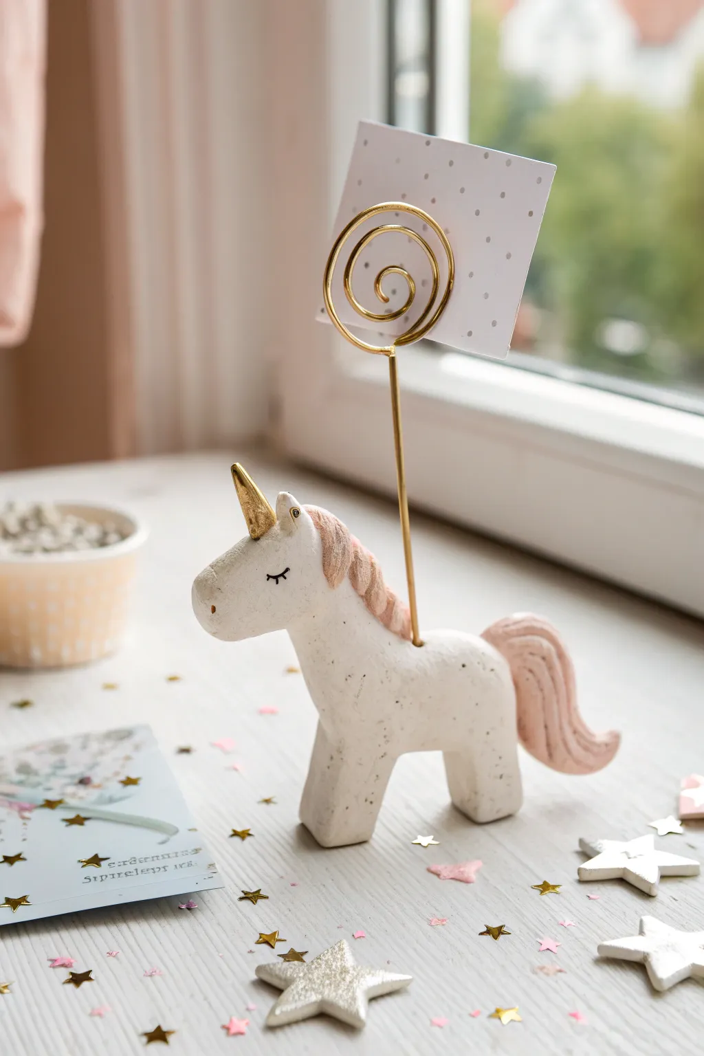 Minimalist unicorn clay photo holder stand with soft pastel tones and a simple wire clip