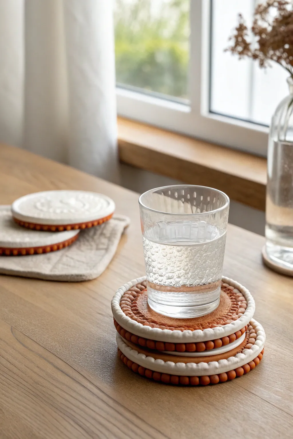 Textured polymer clay border coasters in soft neutral tones, styled with a simple glass