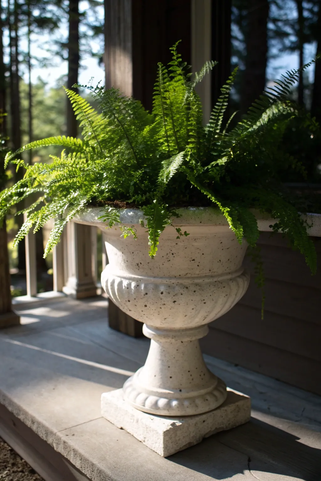 Shaded pedestal urn with fern and trailing greens for a cool, serene porch moment