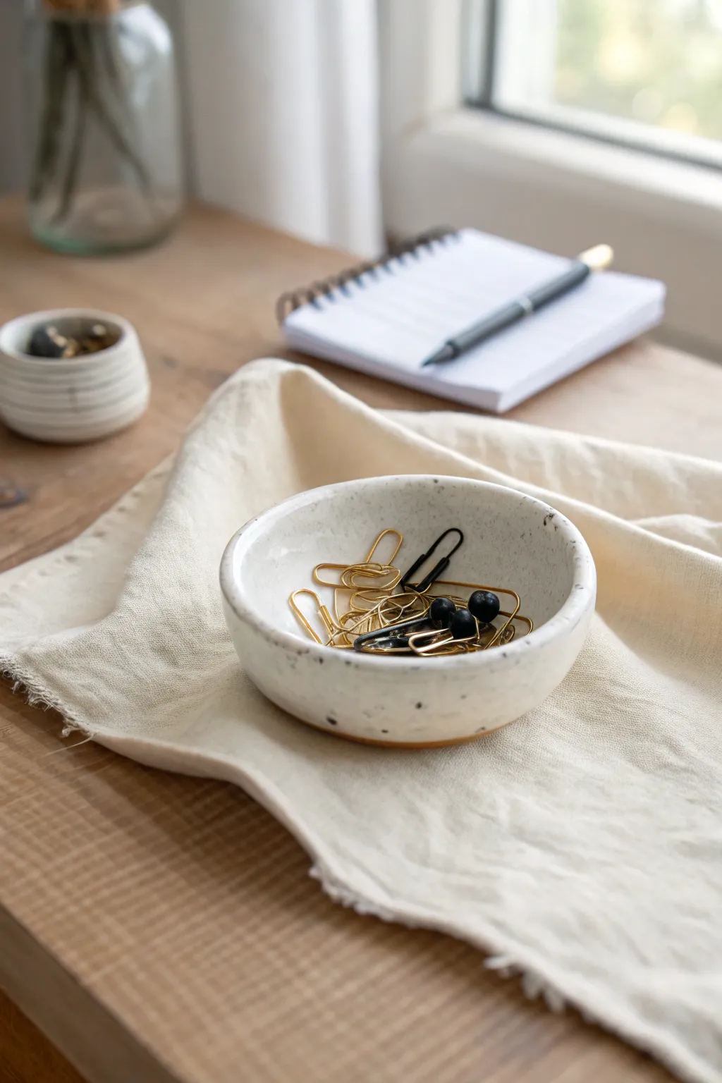 Tiny handmade clay dish keeps paperclips and pins tidy, minimalist desk styling in soft light.