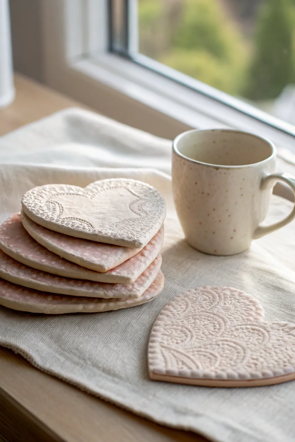 Lace-impressed heart coasters in soft blush, stacked beside a cozy mug, minimalist Valentine vibe.