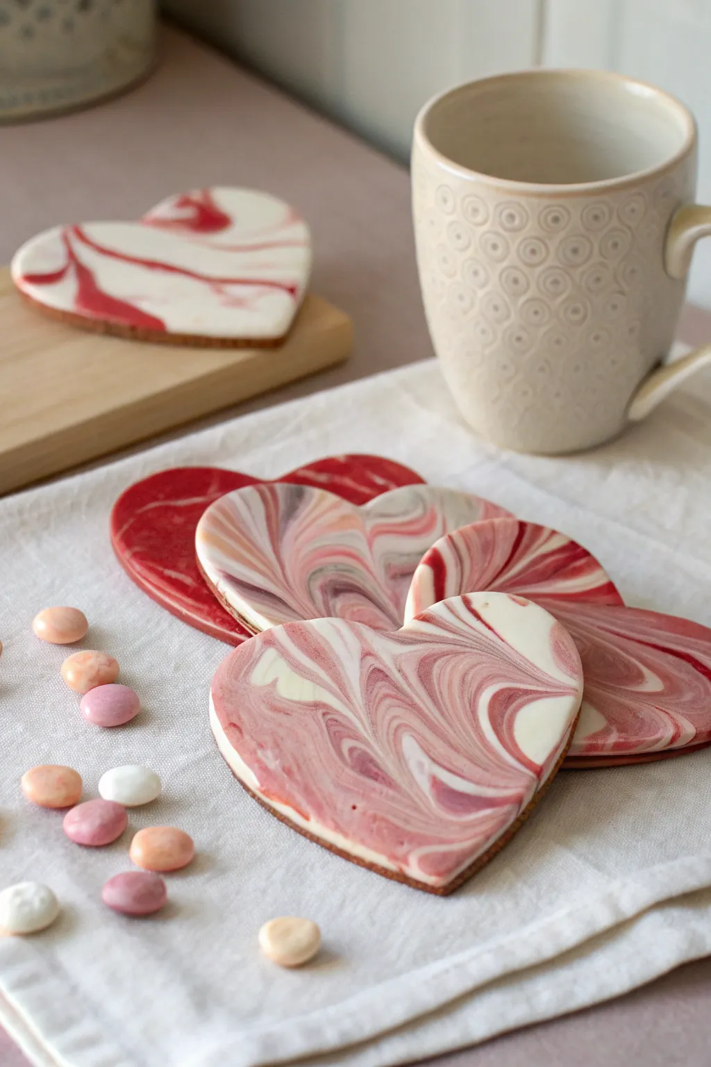 Blush marbled heart clay coasters that add a minimalist, handmade Valentines Day touch.