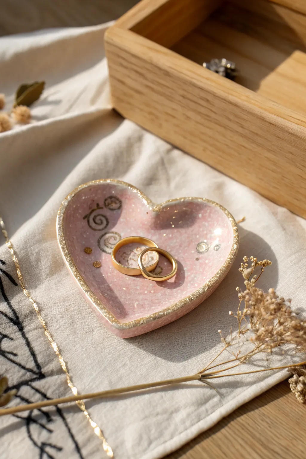 Blush heart ring dish with subtle glitter accents—an easy Valentine polymer clay project