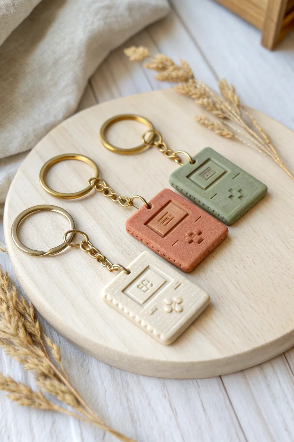 Tiny clay cartridge keychain minis with clean labels and warm brass details, simple and cute