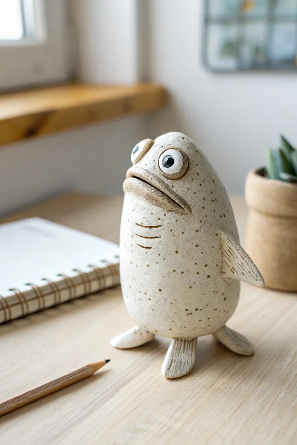 A weird-cute clay fish with legs and bulging eyes, perched on your desk in minimalist style