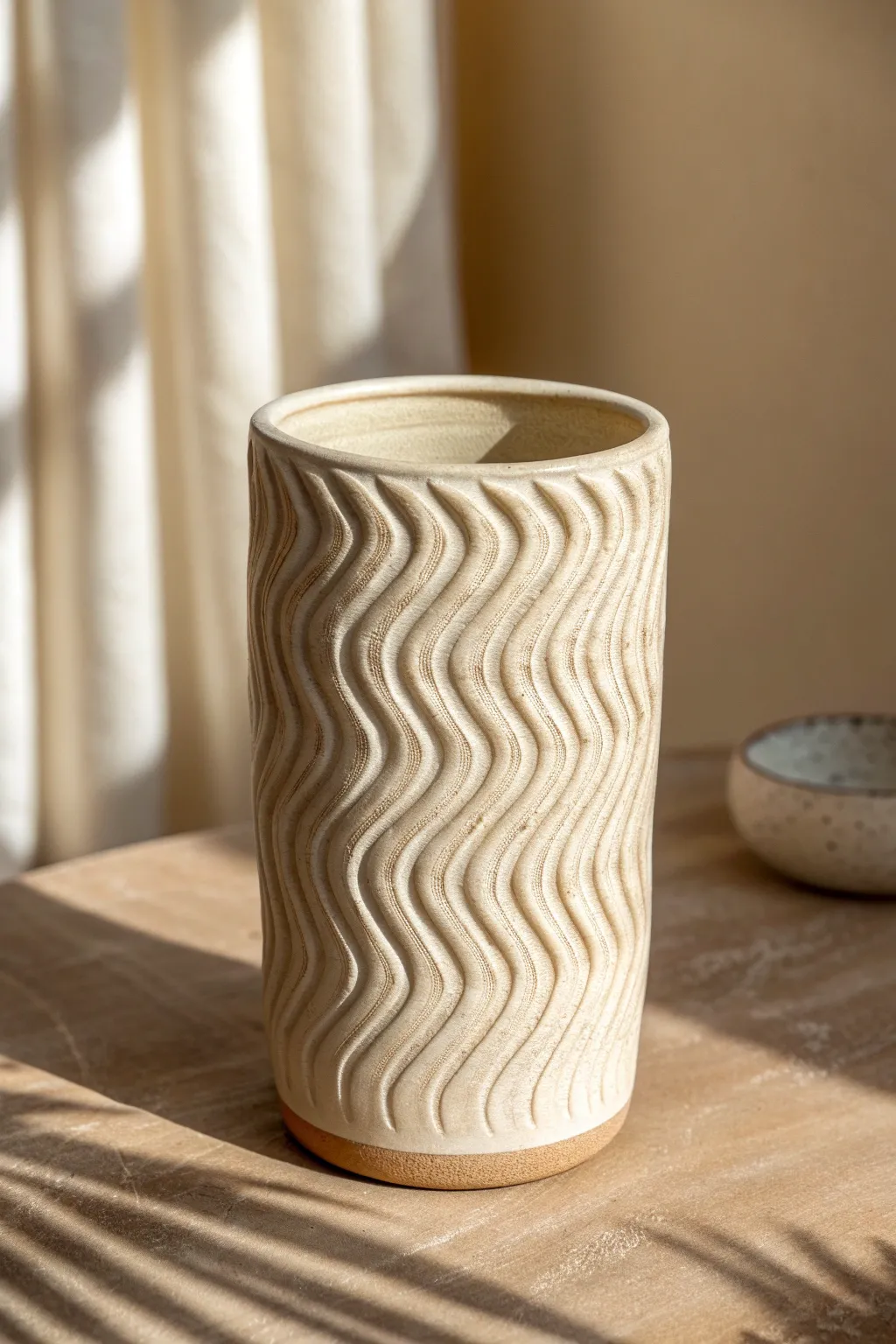 Psychedelic carved tumbler with wavy grooves and crisp shadows, minimal boho styling.