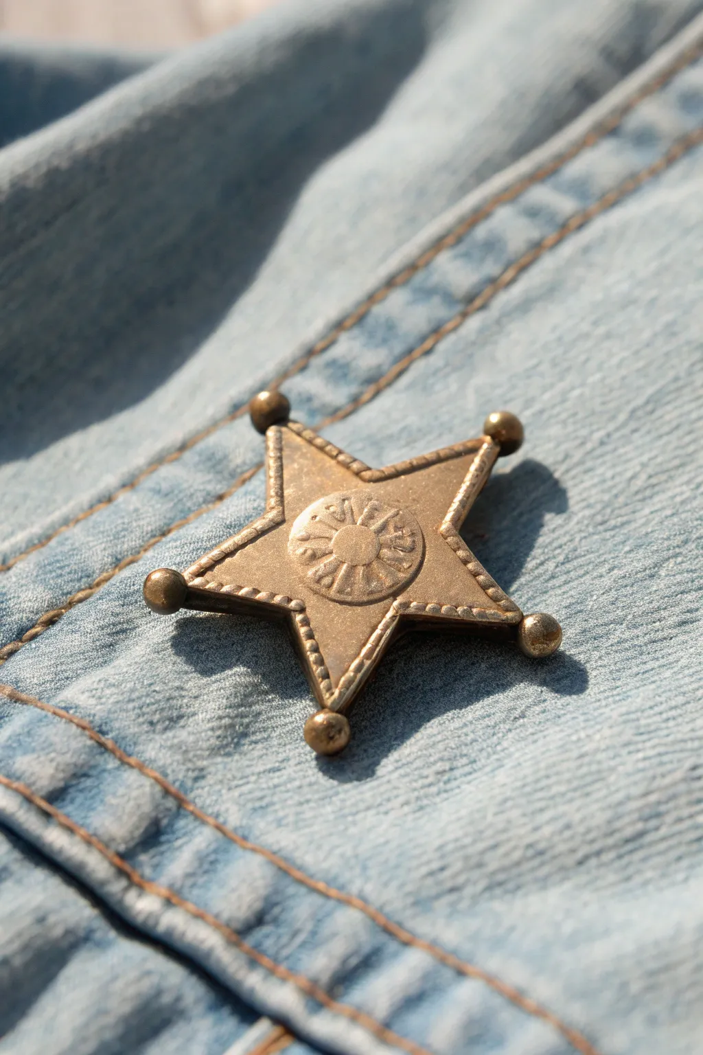 DIY western charm: a minimalist clay sheriff star pin in soft antique metallics on denim.