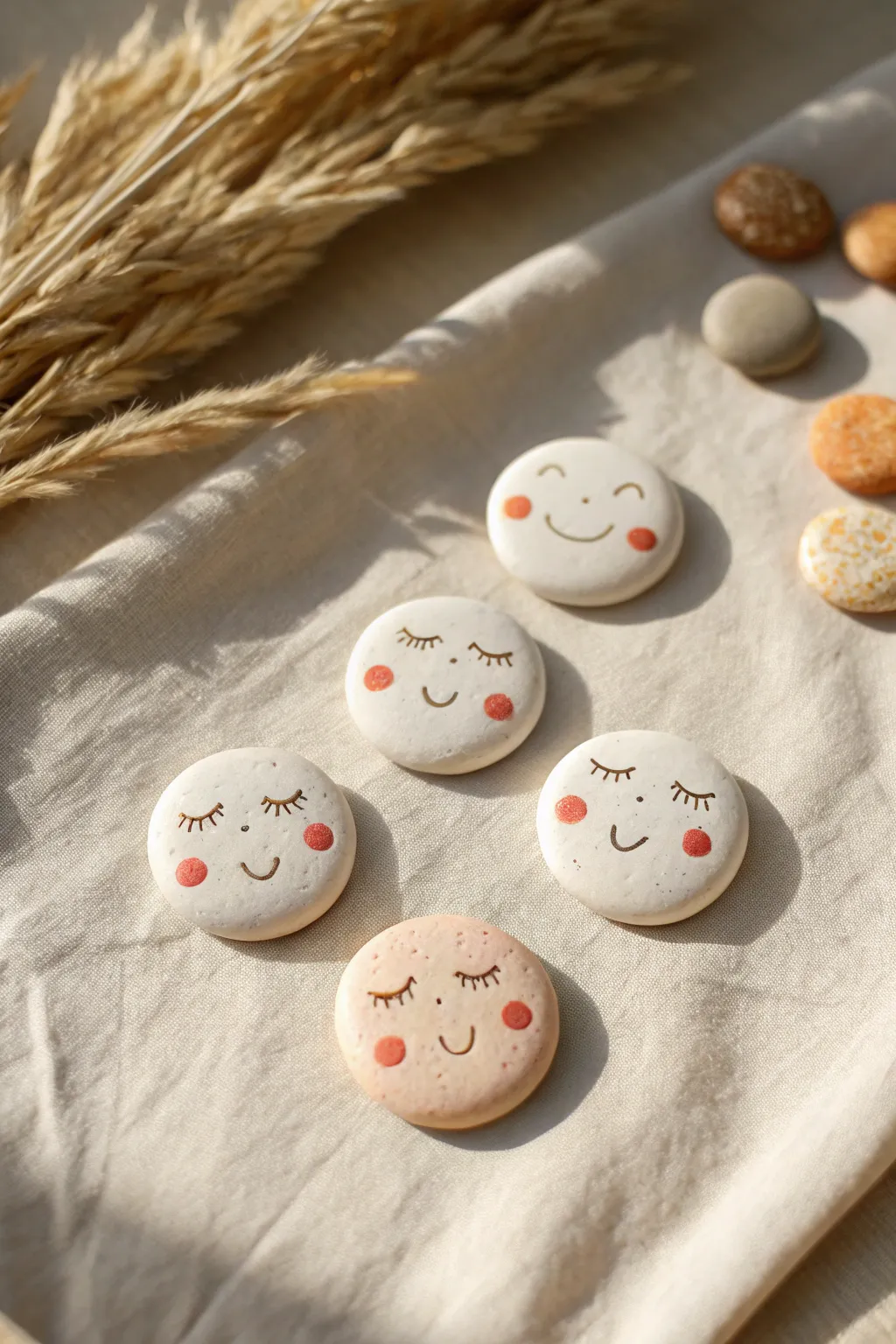 Cute clay face magnets in a tidy grid, soft neutrals and handmade charm for your fridge.