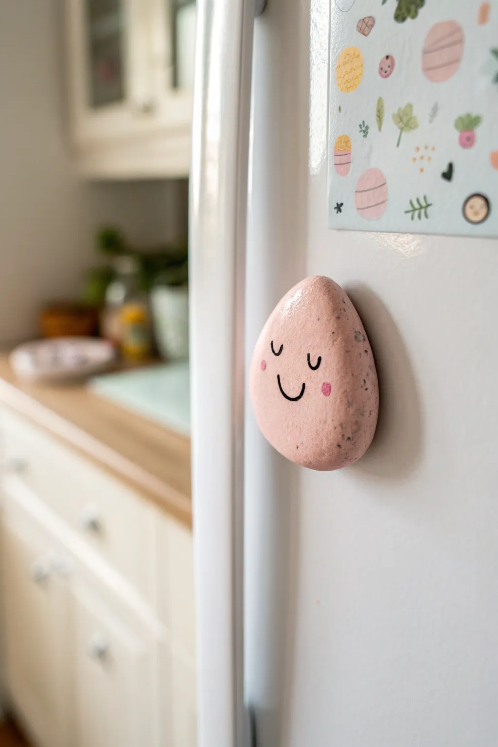 Pastel happy-face clay magnet adds a soft Scandinavian-boho accent to your fridge.