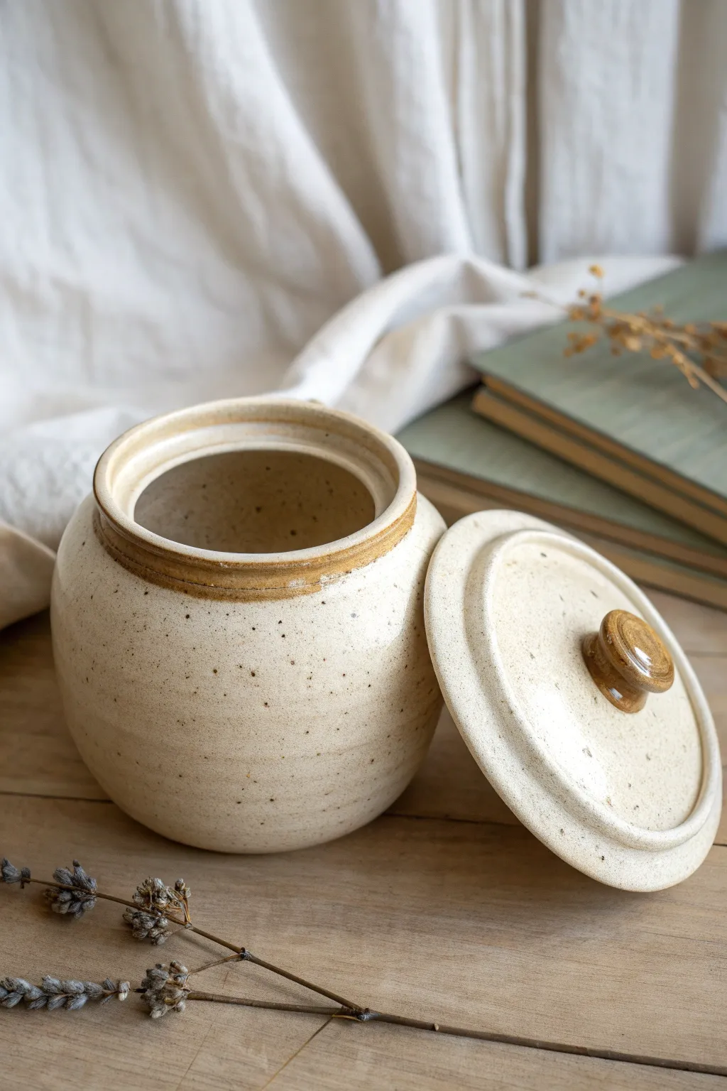 A wheel-thrown lidded jar with the lid slightly ajar, highlighting a crisp, satisfying gallery fit