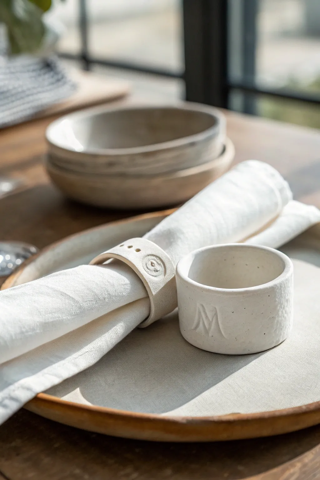 Minimal white air dry clay napkin ring with subtle monogram on soft linen, neutral table.