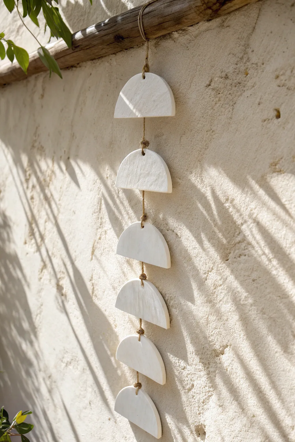 Minimal white clay wall hanging tiles in soft daylight, simple shapes and calming texture