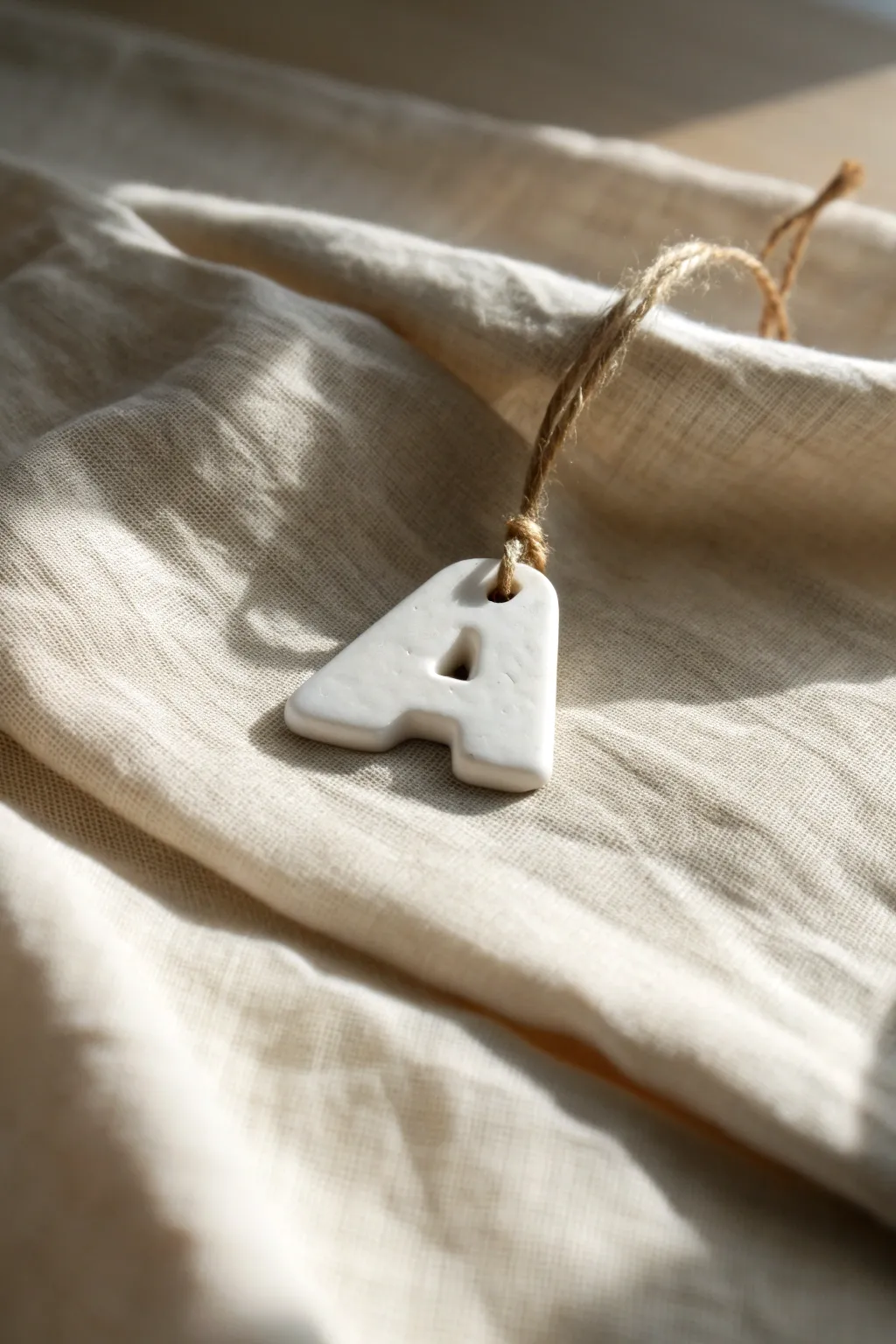 Minimal white clay alphabet ornament on linen, a simple boho touch for gifts and decor.