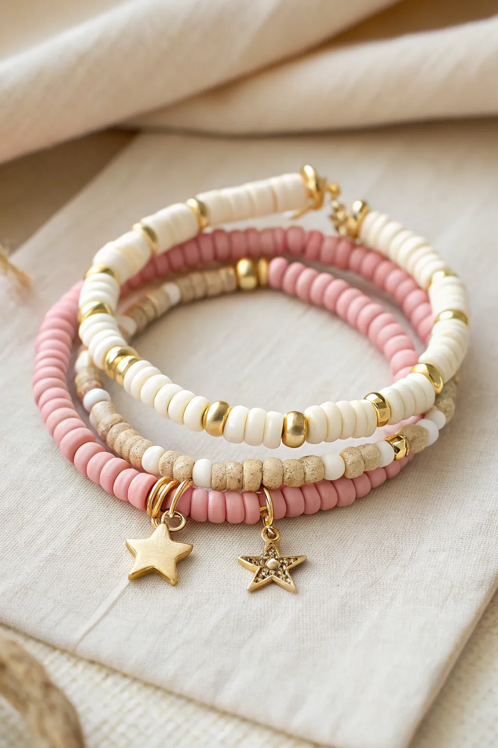 Sweet pink and white clay bead stack with wand and star charms, simple and dreamy.
