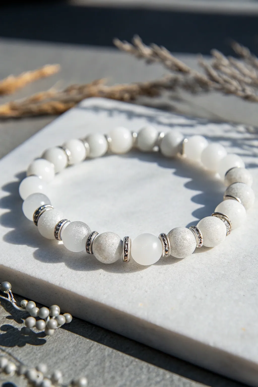 Frosted clear and milky white clay beads for a simple, icy winter bracelet look