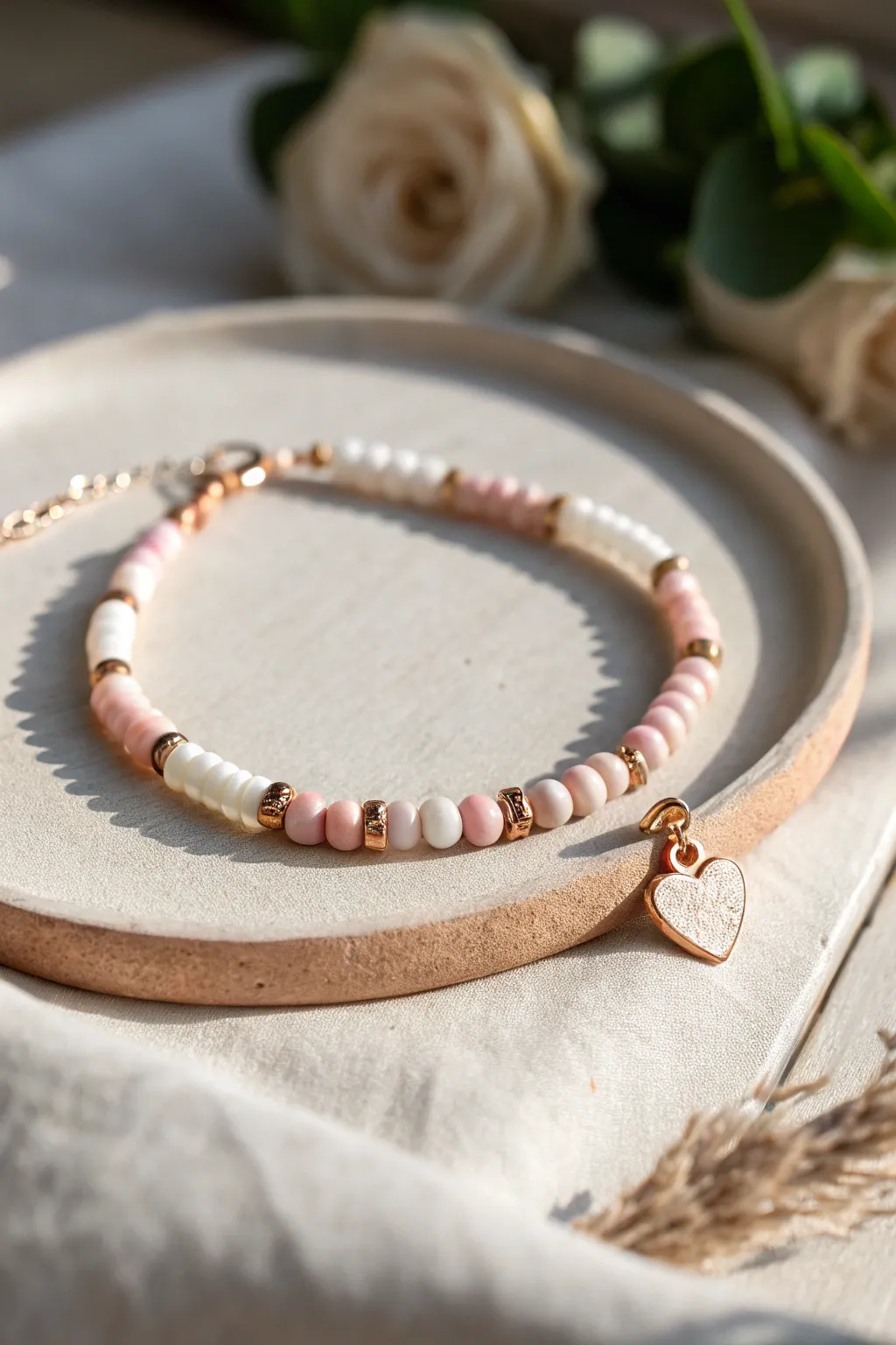 Blush and white heishi bracelet with tiny heart accents and a soft rose-gold shimmer