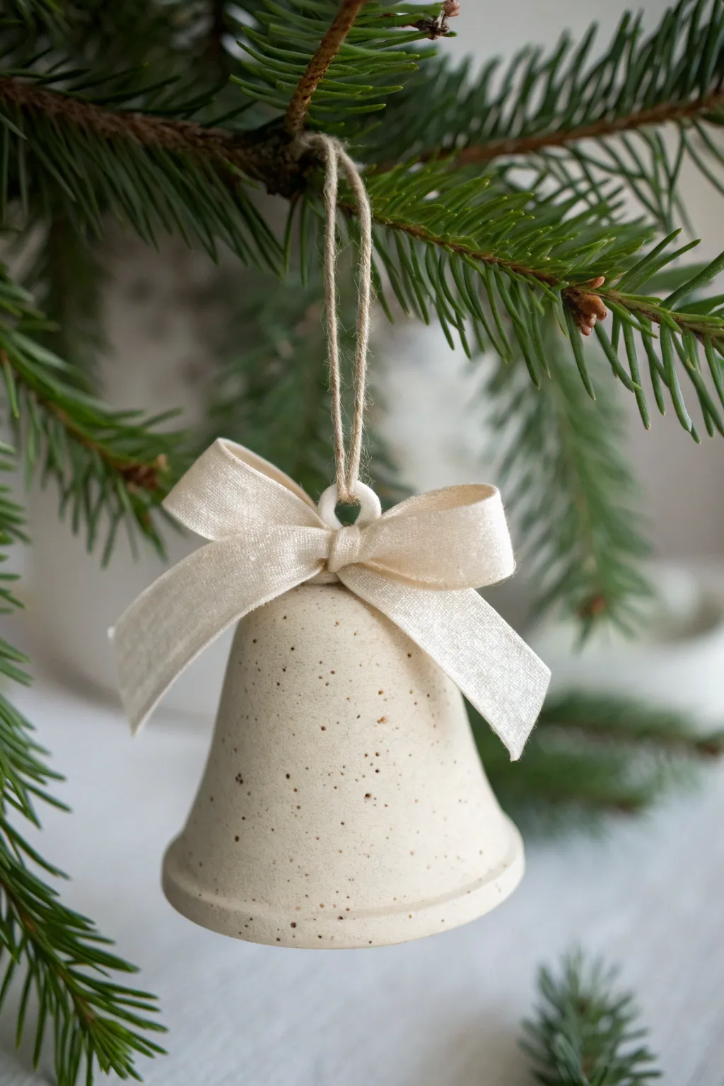 Minimal clay bell ornament with an oversized linen bow, hanging on evergreen for cozy holiday charm.