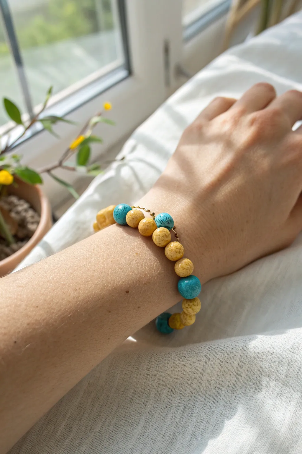 Sunny yellow clay beads meet turquoise pops for an easy summer bracelet stack with boho calm.