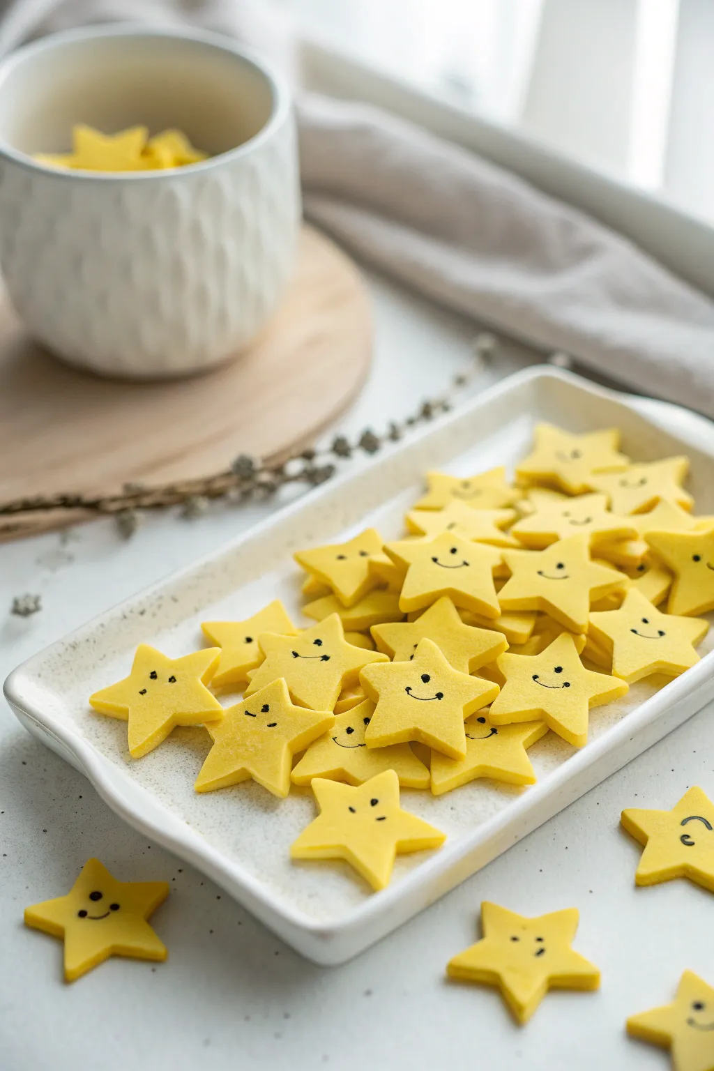 Puffy yellow star clay charms with sweet faces, scattered on white for sunny minimalist joy.