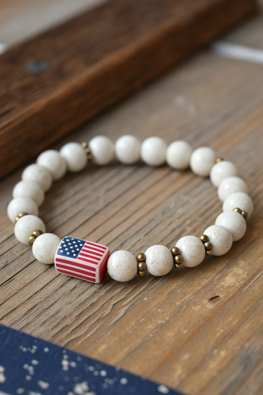 Mini flag center panel bracelet with crisp red stripes and navy stars, balanced by white beads.