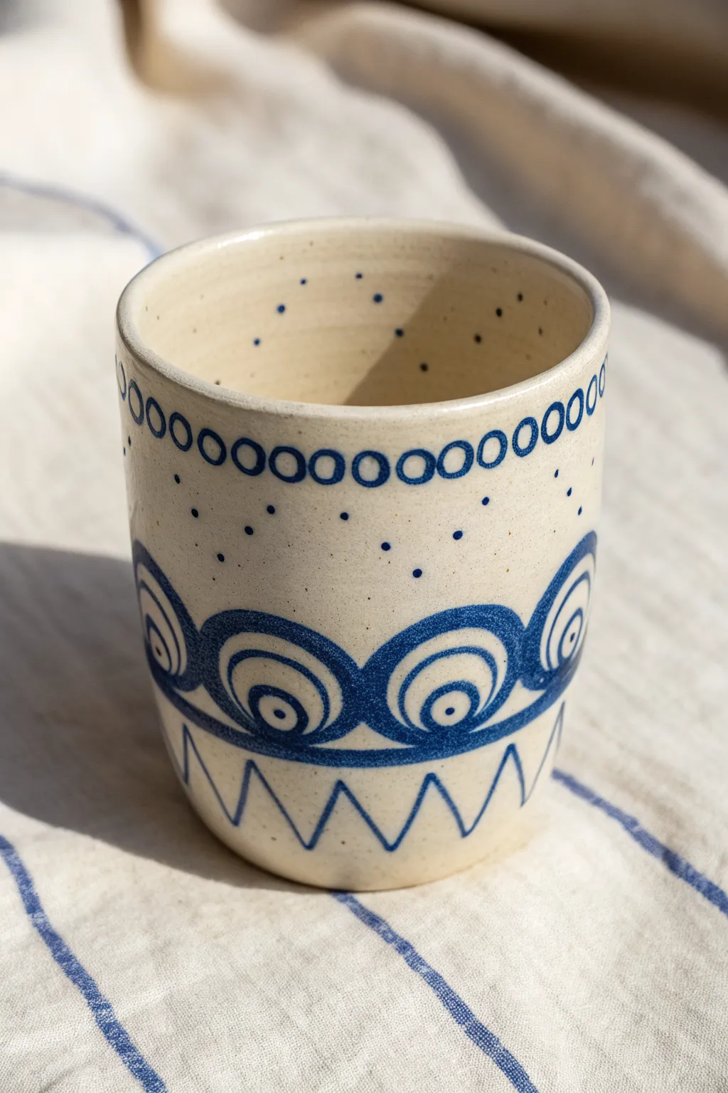 Abstract slip-trailed doodles: bold raised lines on a minimalist ceramic cup, softly lit