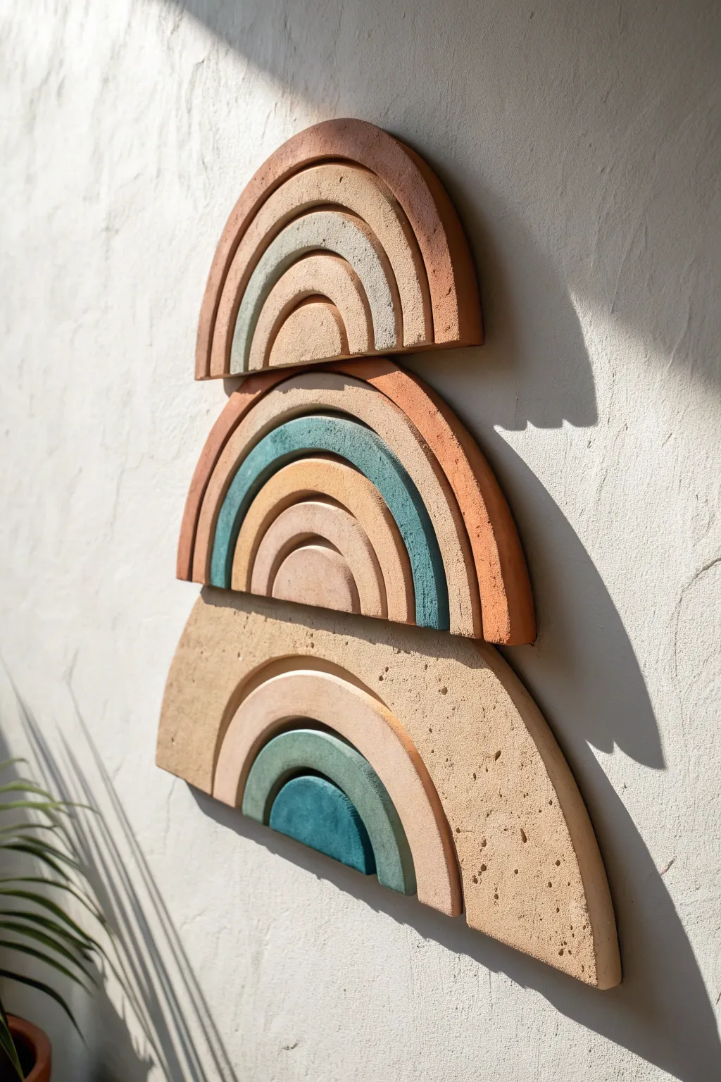 Layered cutout clay wall sculpture with bold terracotta and blush tones, casting soft shadows.
