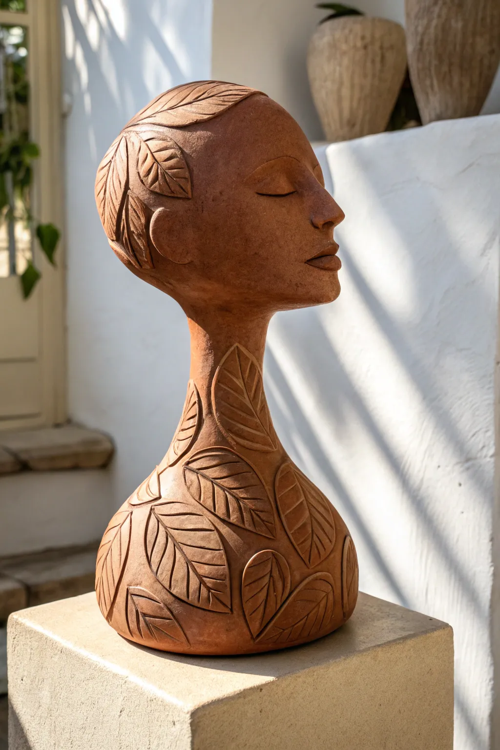 Leaf-imprinted abstract profile sculpture with bold color and clean Scandinavian calm.