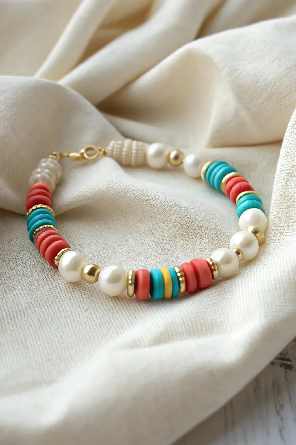 Pearls meet colorful heishi discs with gold spacers for a classic yet playful clay bracelet.