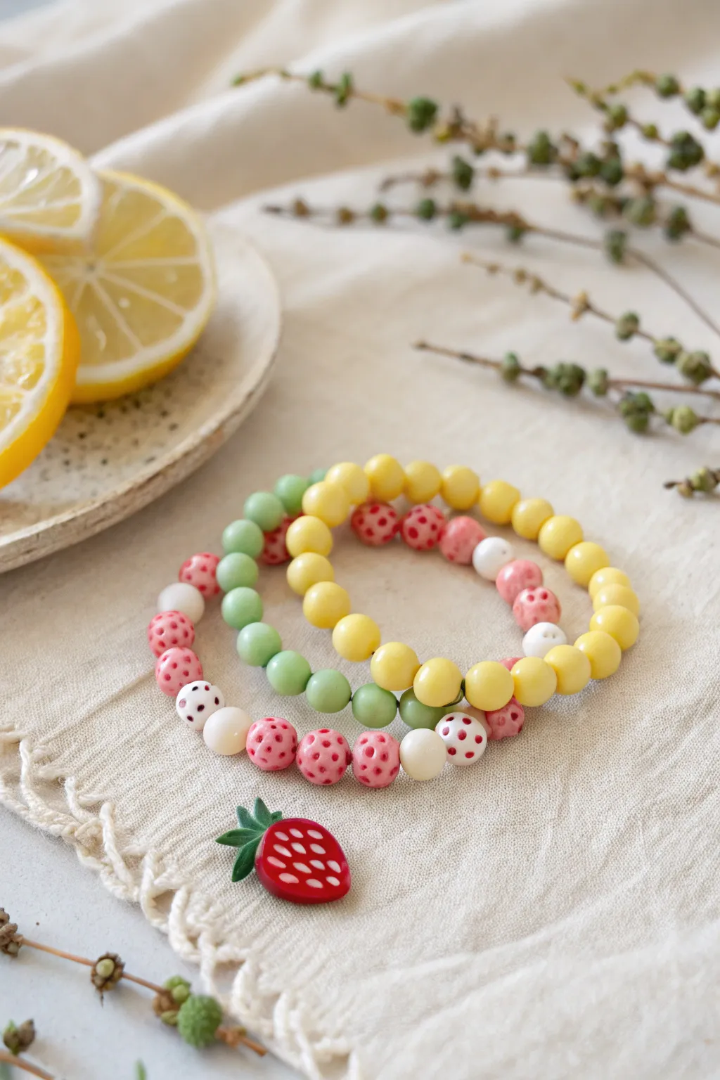 Fruit palette clay bracelets in strawberry and lemon tones, simple charm, summer-ready and minimal.