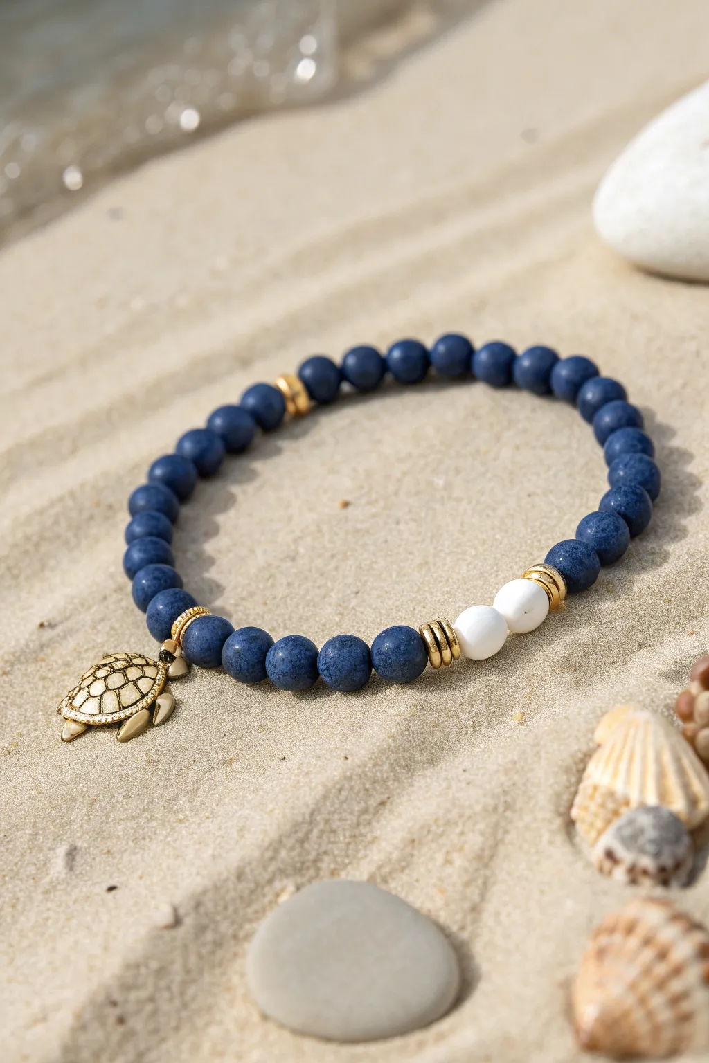 Deep blue clay bead bracelet with a sea turtle charm and crisp white accents on neutral linen