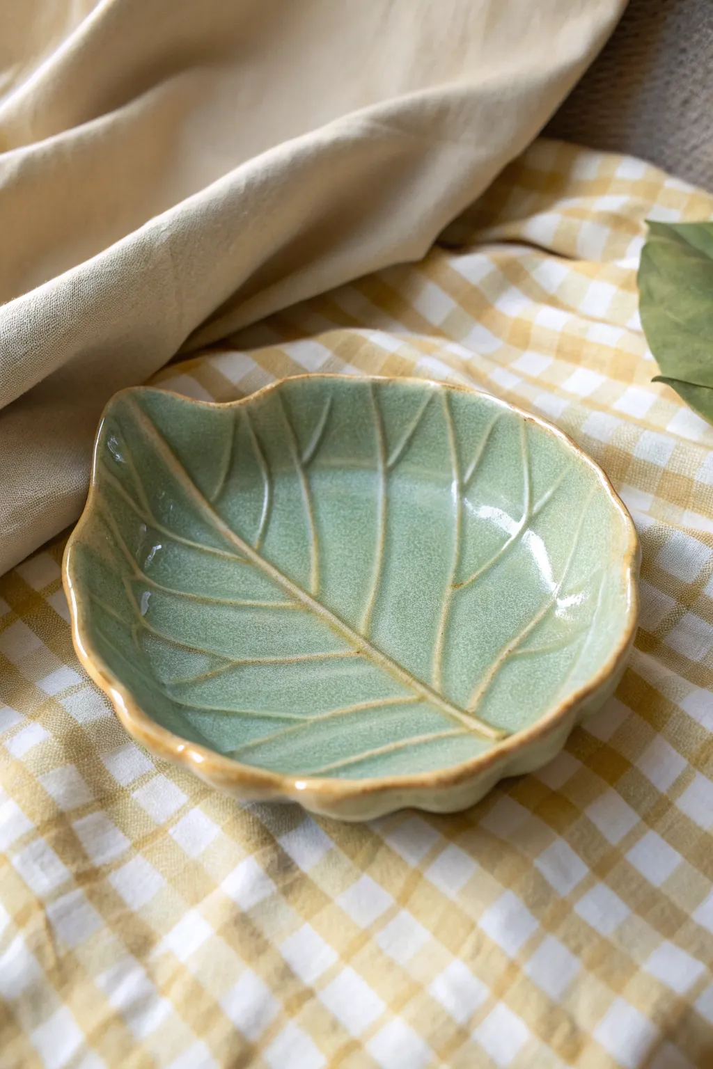 Soft green leaf clay tray with handmade veins, styled on gingham for a cozy minimal look.
