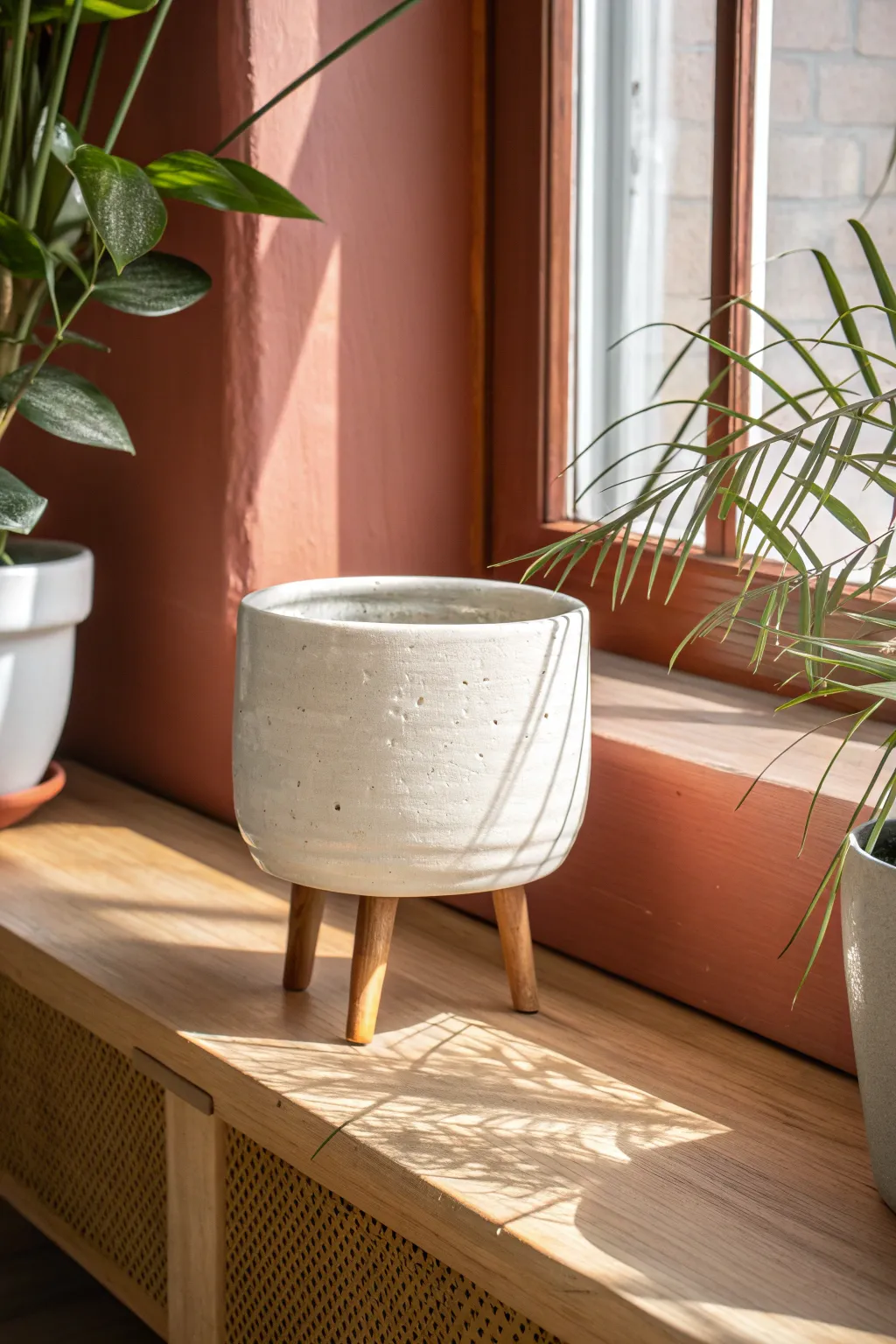 Milky glazed leggy planter on a clean shelf, playful modern shape with bold contrast.
