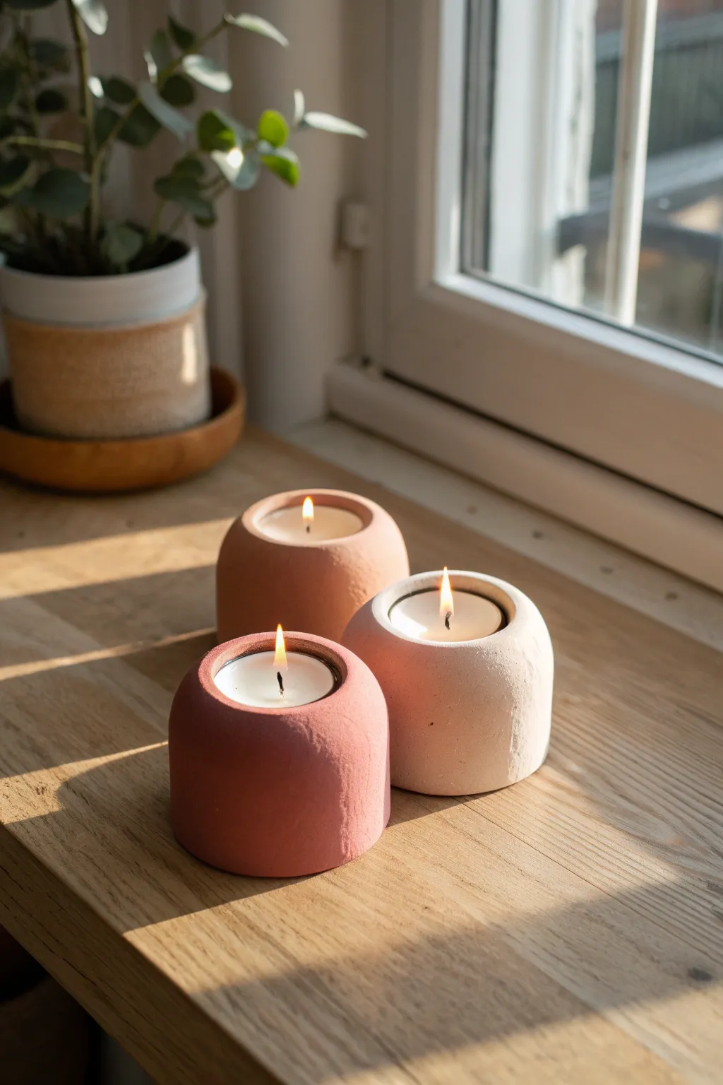 Minimal air-dry clay tea light holder trio in warm window light, bold earthy tones.