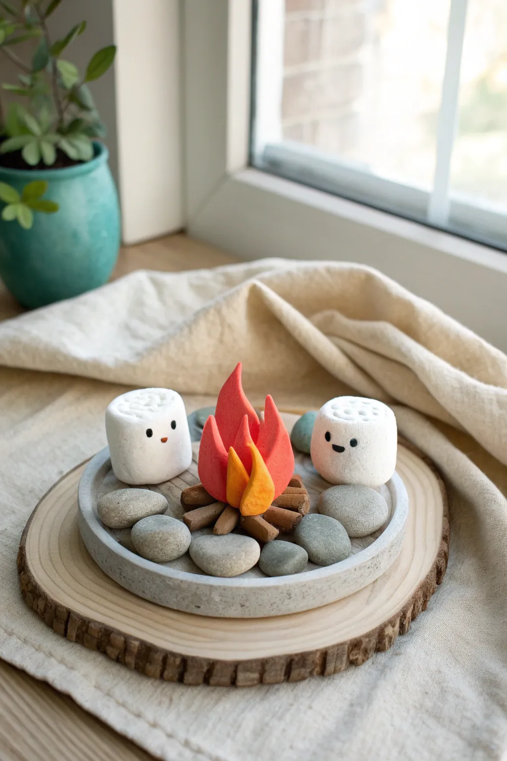 Mini campfire date diorama in air clay: two marshmallow pals, cozy, simple, cute today