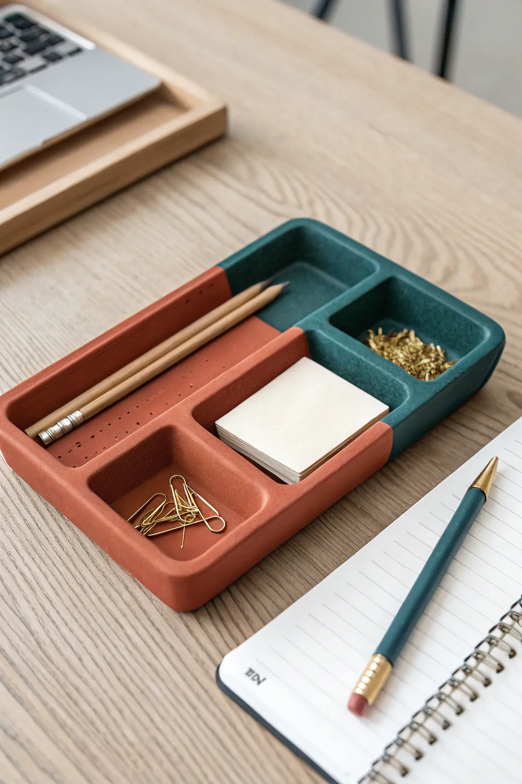 Modern air clay desk tray set in bold terracotta and teal, simple modular storage