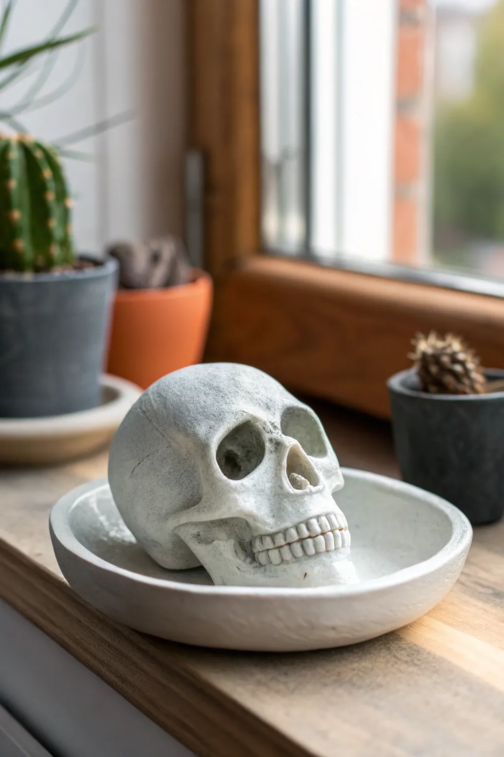Cute-spooky mini skull ring dish in matte white air-dry clay, perfect Halloween decor.