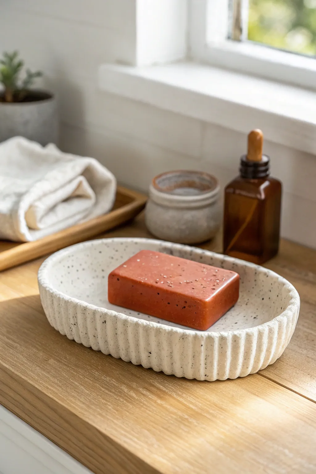 Minimal air-dry clay soap dish with ridges for drainage, styled in a bright, modern bath.